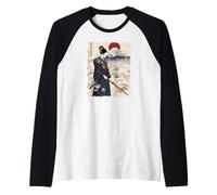 Samurai Mujer con Katana Sakura Monte Fuji Naciente Sol Camiseta Manga Raglan