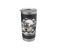 Samurai Ninja Cat vs Dragon Monster Gran Ola Arte Japonés Vaso térmico de acero inoxidable de doble pared