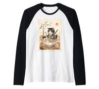 Samurai Ninja Cute Cat Ramen Bowl Japonés Acuarela Japón Camiseta Manga Raglan