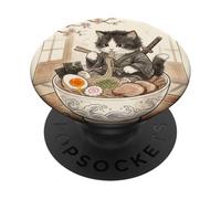Samurai Ninja Cute Cat Ramen Bowl Japonés Acuarela Japón PopSockets PopGrip Adhesivo