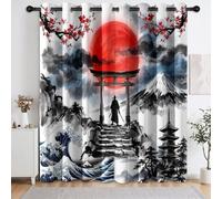 Samurai Ronin Ukiyo-E - Juego de 2 cortinas con ojales (213 x 132 cm) | Cortina térmica térmica Torii Tor Red Sun Cortinas opacas opacas con aislamiento térmico para sala de estar