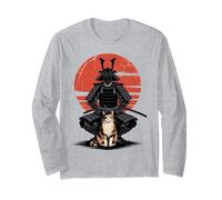 Samurai Shadow and Cat Red Sun Diseño Japonés Manga Larga