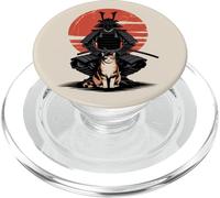 Samurai Shadow and Cat Red Sun Diseño Japonés PopSockets PopGrip para MagSafe