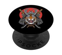 Samurai Tiger Warrior Vintage Rojo Sol Japonés Samurai Amante PopSockets PopGrip Adhesivo