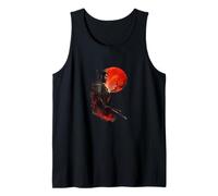 Samurai Warrior Red Moon Japonés Tinta Estilo Arte Camiseta sin Mangas