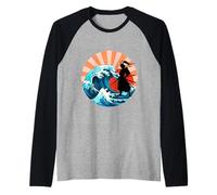 Samurai Y Gran Ola Fuji Ilustración Camiseta Manga Raglan