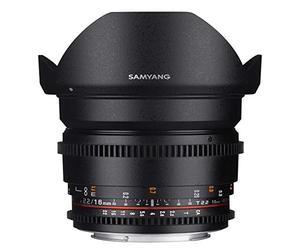 Samyang F1322703101 - Objetivo para vídeo VDSLR para Nikon F (Distancia Focal Fija 16mm, Apertura T2.2-22 ED AS UMC CS II, diámetro Filtro: 77mm), Negro