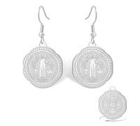San Benito Medalla Pendientes para Mujeres Medalla De San Benito Colgar Pendientes Cristianos Católicos Cruz Exorcismo Colgante Biblia Versículo Protección Amuleto Religión Joyería (Plata)