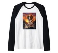 San Bernardo Perro Amante Vintage Atardecer Bosque Naturaleza Arte Camiseta Manga Raglan