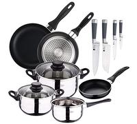 San Ignacio 3 5PZS Set Tres sartenes + Batería de Cocina 5 Piezas + Juego de Cuchillos, Cromado