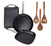 San Ignacio AGROS Pack cocina 4 Pzs - Plancha asador 34x26cm, Sartén Ø30cm, Grill cuadrado 24cm y Set 3 Utensilios de madera de acacia