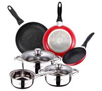 San Ignacio Batería 5 piezas Cassel + Set 3 sartenes Ø16/Ø20/Ø24 cms rojo, aluminio prensado, antiadherente, inducción