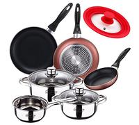 San Ignacio Bateria 5pcs acero inoxidable: cazo Ø16x7,5 Cacerolas Ø18x8,5 y Ø20x9,5 cms. + Set 3 sartenes Ø16/20/24 cm, aluminio prensado, aptas para inducción + Tapa universal (16 18 20cm), PK3368