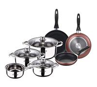 Set 7pcs Acero Inox: Cazo, Cacerolas (2.0l, 3.0l, 4.0l); Y Set 3 Sartenes Aluminio.