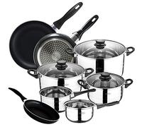 San Ignacio batería 8 Piezas + Set 16/20/24 cms, Acero Inoxidable, Negro, 5 cuerpos + 3 sartenes