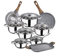 San Ignacio Bateria de cocina 12 piezas Cassel, acero inoxidable, con juego sartenes (18/26 cm) y grill 35,5x28,3 cm Daimiel en aluminio forjado, Plateado