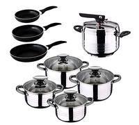 San Ignacio - Batería de cocina 4 cacerolas 4 tapas de vidrio 1 Olla exprés 16/20/24, Acero inoxidable, inducción, Batería + Express 5 Litros + 3 sartenes