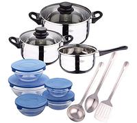 San Ignacio Batería de cocina 5 piezas (3 cuerpos y 2 tapas de vidrio) Set 3 utensilios de cocina acero inoxidable Set 5 boles de cristal con 5 tapas en azul