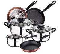 San Ignacio Bateria de cocina 5 piezas acero inoxidable, con juego sartenes Moma (20/24/28 cm) en aluminio forjado aptas para induccion, Negro/Blanco, (PK3674)