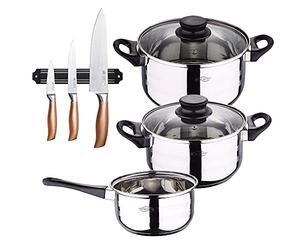 San Ignacio Bateria de cocina 5 piezas acero inoxidable con set de 3 cuchillos en acero inoxidable con barra magnetica aptas para induccion PK3208