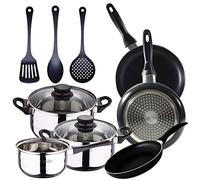 San Ignacio Batería de cocina 5 piezas acero inoxidable y 3pcs Utensilios de cocina y Set 3pcs sartenes 16/20/24 cms, negro, aluminio prensado, inducción