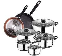 San Ignacio Bateria de cocina 8 piezas acero inoxidable, con juego de sartenes Premium (20 y 24 cm) en aluminio forjado, inducción