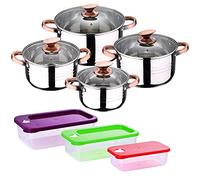 San Ignacio Bateria de cocina 8 piezas apta para induccion Altea en acero inoxidable con set de 3 fiambreras hermeticas de plastico Jolie