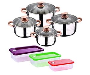 San Ignacio Bateria de cocina 8 piezas apta para induccion Altea en acero inoxidable con set de 3 fiambreras hermeticas de plastico Jolie