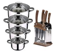 San Ignacio Bateria de cocina 8 piezas apta para induccion Hita en acero inoxidable con set de 6 cuchillos de acero inoxidable con tacoma, PK3224