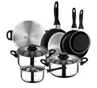 San Ignacio - Batería de cocina de 3 piezas (1.6L, 2.3L, 3.3L) en acero inoxidable y Set de 3 sartenes (16-20-24 cm) en aluminio prensado antiadherente, apto inducción