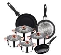 San Ignacio - Cocina- Batería 11 piezas: 4 cacerolas 4 tapas de vidrio y 3 sartenes 16/20/24, acero inoxidable, inducción