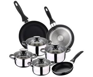 San Ignacio - Cocina- Batería 11 piezas: 4 cacerolas 4 tapas de vidrio y 3 sartenes 16/20/24, acero inoxidable, inducción
