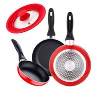 San Ignacio Juego de 3 sartenes 16/20/24 cm, rojo, y tapa universal en rojo, aluminio prensado, inducción