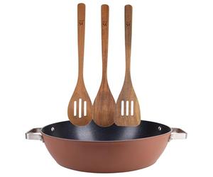 San Ignacio Juego de Tartera Ø32x8cm en aluminio forjado + 3 Utensilios de cocina en madera AGROS