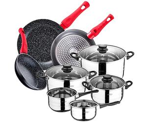 San Ignacio Pack 3 sartenes Ø20/24/28 cm, aluminio forjado + Bateria cocina 8 pcs: 5 cuerpos y 3 tapas de vidrio, acero inoxidable, inducción