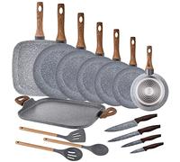 San Ignacio Pack 8 sartenes Ø18, Ø20, Ø22, Ø24, Ø26, Ø28 + ASADOR de 35,5 x 28 3 Utensilios Set Juego de 4 Cuchillos de Cocina Daimiel, Aluminio Forjado, Multicolor