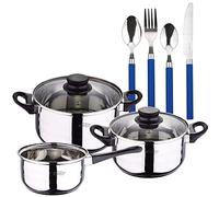 San Ignacio PACK BATERÍA DE COCINA 5 PIEZAS + SET CUCBERTERIA DE 24PC EN ACERO INOXIDABLE CON MANGOS AZULES, PK4931