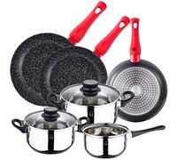 San Ignacio PACK BATERÍA DE COCINA 5 PIEZAS SET DE 3PC SARTENES 20/24/28 cm EN ALUMINIO FORJADO, Cromado Y Negro, PK4923