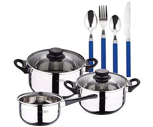 San Ignacio PACK BATERÍA DE COCINA 5 PIEZAS + SET DE CUBERTERÍA 24PC EN ACERO INOXIDABLE, Azul, PK4928