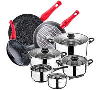 San Ignacio Paquete 3 sartenes diámetro 20/24/28 cm, aluminio forjado + Bateria cocina 8 pcs 5 cuerpos y 3 tapas de vidrio, acero inoxidable, inducción