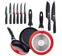 San Ignacio PK2362 Juego de 3 sartenes 16/20/24 cm y set cuchillos de cocina y para carne, aluminio prensado, inducción, Rojo