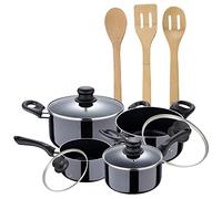 San Ignacio PK4696 JUEGO DE BATERÍA DE COCINA EN ALUMINIO PRENSADO + SET DE 3pc DE UTENSILIOS DE COCINA BAMBOO, Negro/Madera