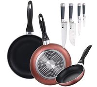 San Ignacio Set 3 sartenes Ø16/20/24 cm, aluminio prensado, aptas para inducción + Set 4 cuchillos de cocina: Chef, Santoku, Pelador y muliusos, mango con silicona