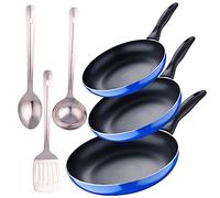 Set 3pc sarten (16+20+24cm) aluminio prensado, inducción, azul Navy Paradise con Set 3 pc utensilios cocina acero inoxidable