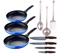 San Ignacio Set 3pc sarten (16+20+24cm) aluminio prensado, inducción, azul Navy Paradise con Set 3 pc utensilios cocina acero inoxidable con Set 4pc cuchillos ac