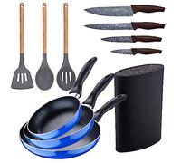 San Ignacio Set 3pc sarten (16+20+24cm) aluminio prensado, inducción, azul Navy Paradise con Set 3pc utensilios de cocina silicona madera con Set 4pc cuchillos a