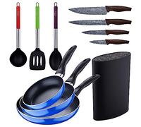 San Ignacio Set 3pc sarten (16+20+24cm) aluminio prensado, inducción, azul Navy Paradise con Set 3pc utensilios de cocina nylon con Set 4pc cuchillos acero inoxi