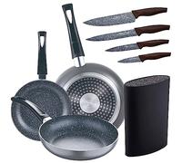 San Ignacio Set 3pc sarten (16+20+24cm) aluminio prensado, inducción, negra Soul Marble con Set 4pc cuchillos acero inoxidable con Tacoma/bloque de cuchillos u