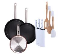 San Ignacio Set Completo AGROS - 3 Sartenes Ø24Ø28Ø30cm de Aluminio forjado, Set de cuchillos con tacoma y Utensilios de Silicona