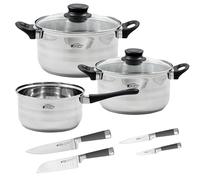 San Ignacio 5PCS Set de batería de Cocina 5 Piezas con Tapas de Vidrio y Juego de Cuchillos Profesionales, Metal, Negro/Plateado, 5 cuerpos + 4 cuchillos